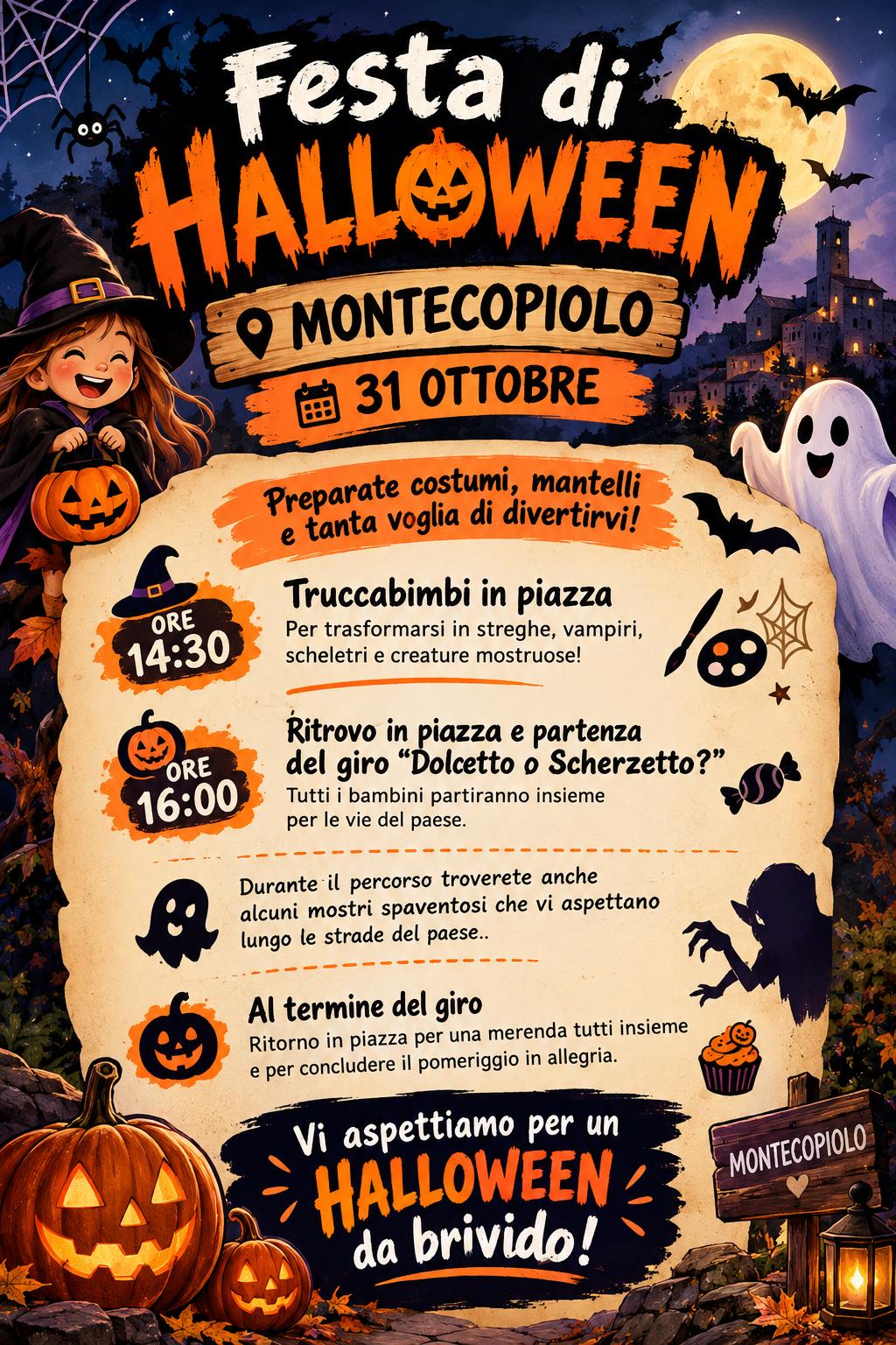 🧪 Ore 17:30 - Appuntamento Segreto! 🧪
Quando il giro sarà terminato, correte tutti in piazza: un ospite arriverà con ingredienti misteriosi tanta magia per realizzare pozioni sorprendenti... 👀🕸️ 🎃✨👻